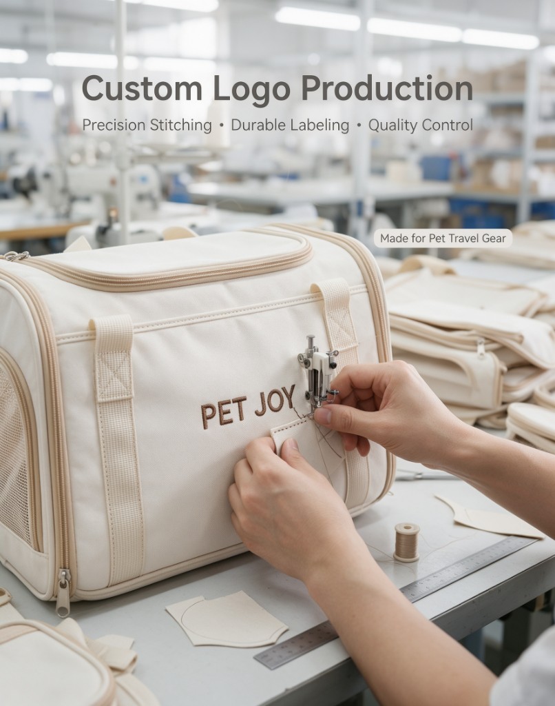 Hands stitching a sample logo onto a cream pet travel bag