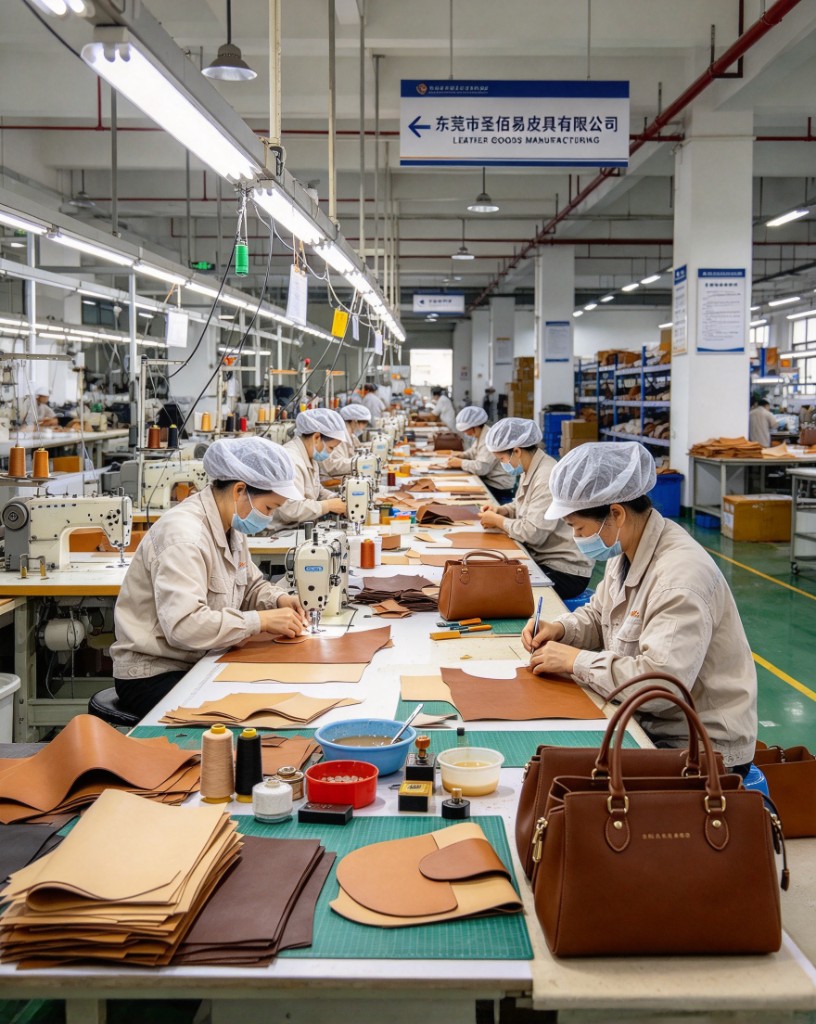 The leather workshop at Shengbaiyi, with sewing stations and bags on the tables
