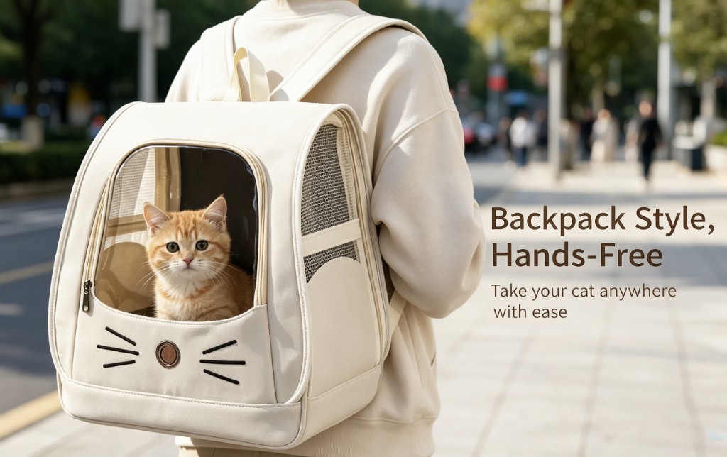 A cream pet carrier backpack worn on a city sidewalk, with an orange cat looking out the front window