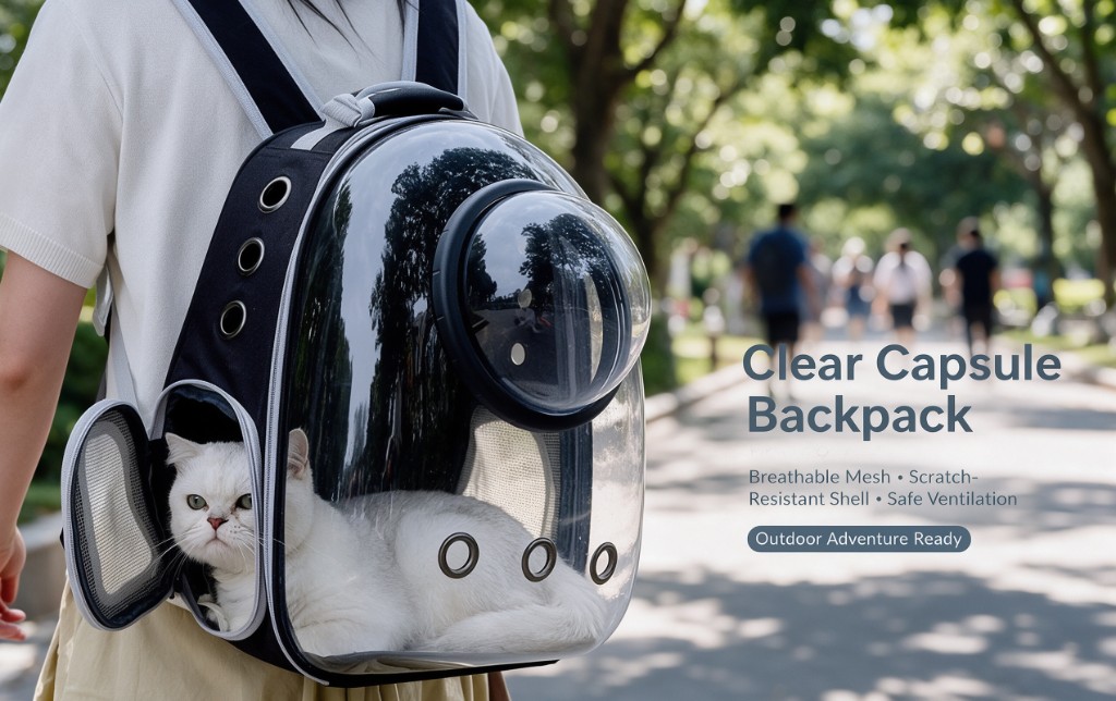 A clear capsule pet backpack worn on a person's back, with a white cat looking out of the side mesh door