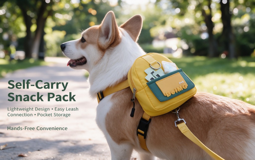 A corgi wearing a yellow snack pack with pockets, clipped to a leash on a park path