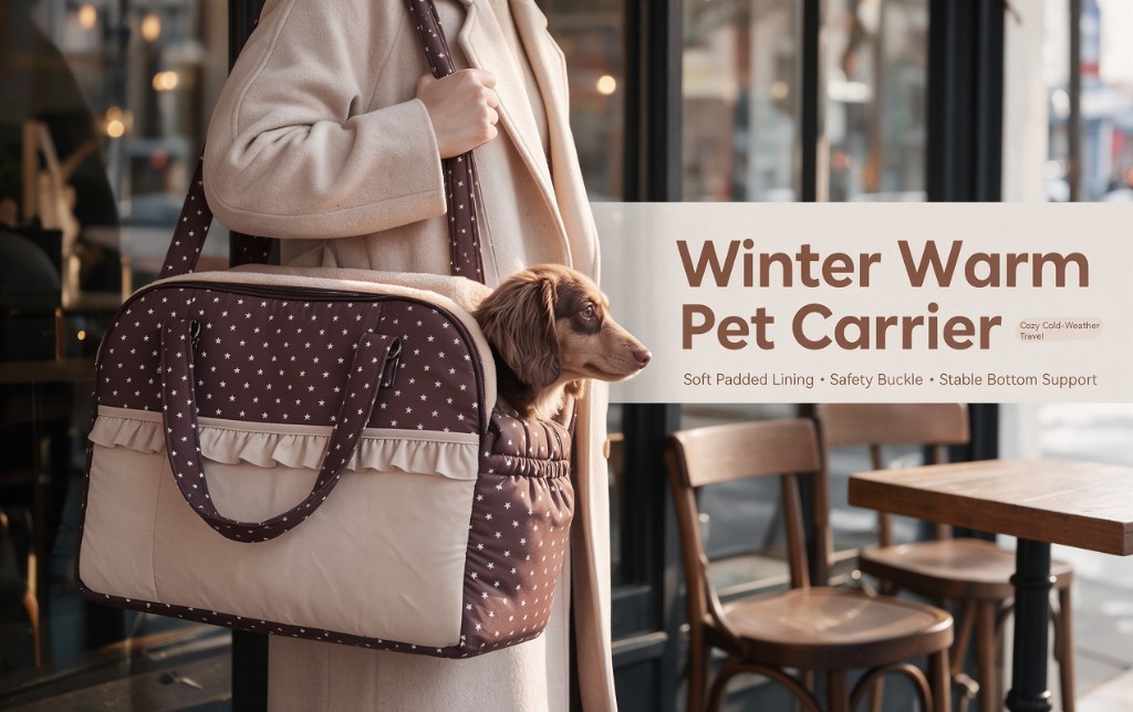 A brown star-pattern shoulder pet carrier with a padded rim, a small dog looking out, outside a cafe