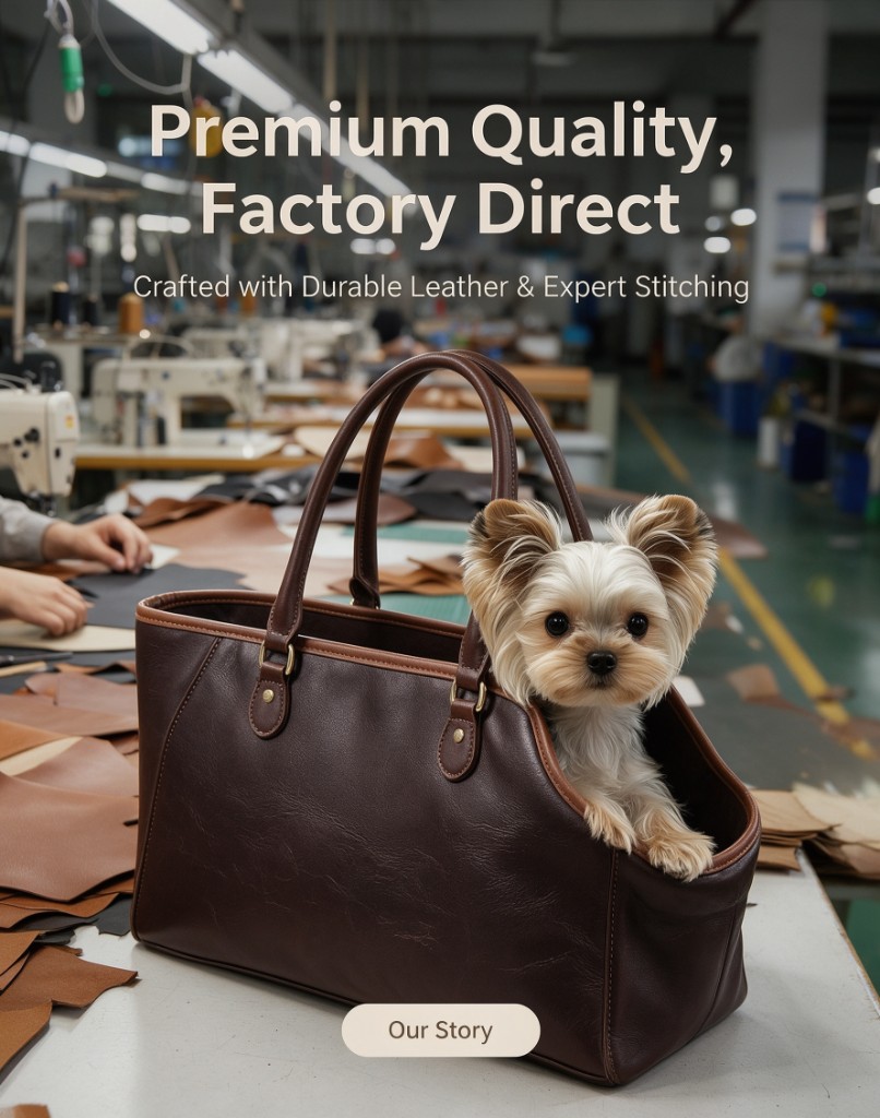 A brown pet tote bag with a Yorkshire terrier on a work table in the Dongguan sewing workshop