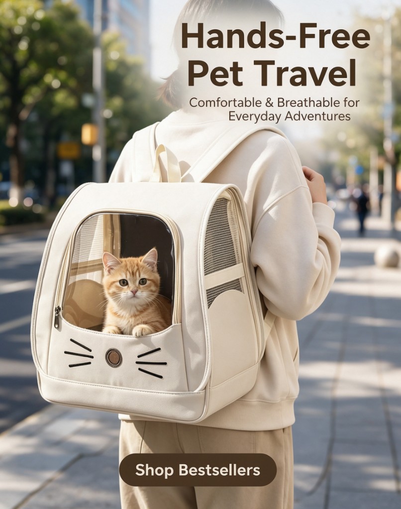 A cream pet carrier backpack worn on a city sidewalk, with an orange cat looking out
