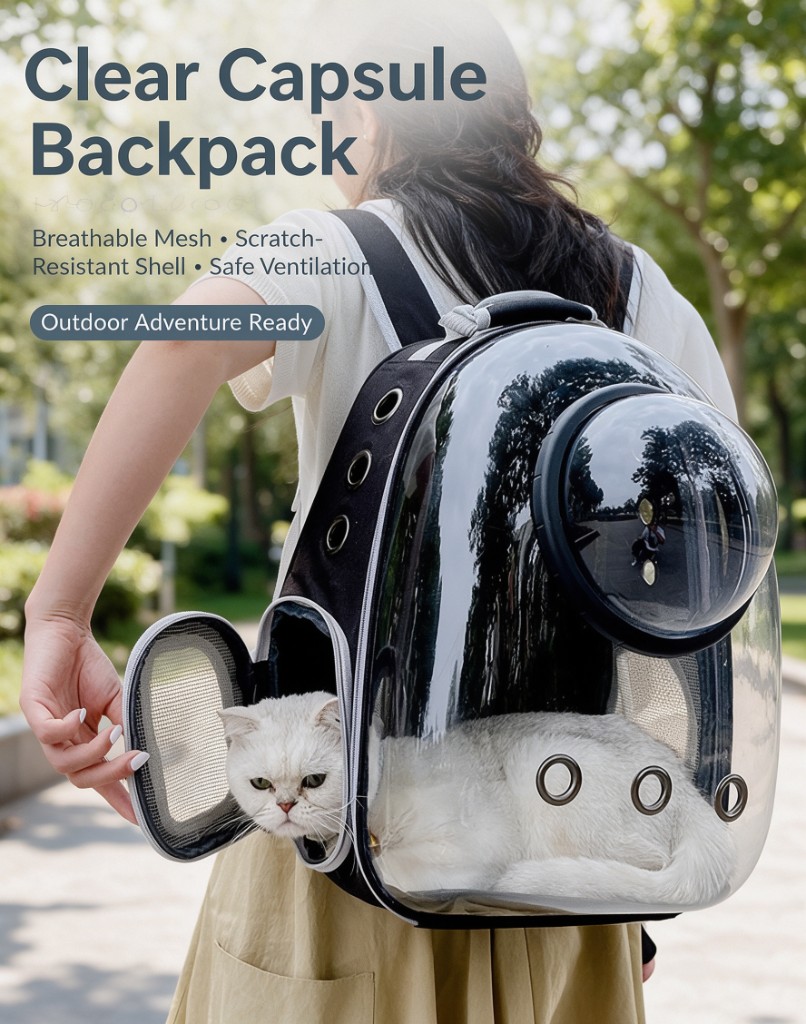 A clear capsule pet carrier backpack worn on a person's back, with a white cat looking out of the side mesh door