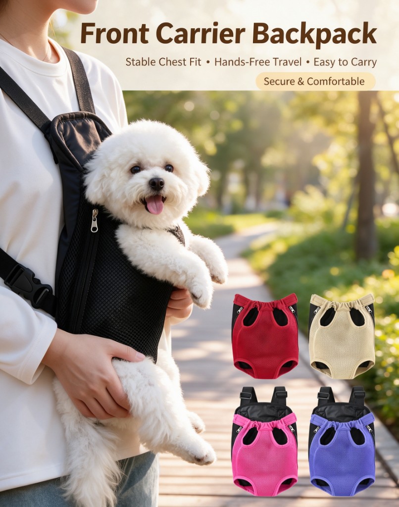 A white dog carried in a black front pet carrier backpack, with red, beige, pink, and purple color options beside it