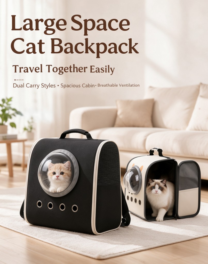 A black cat backpack with a round bubble window and a cream cat backpack with the front open, both on a rug