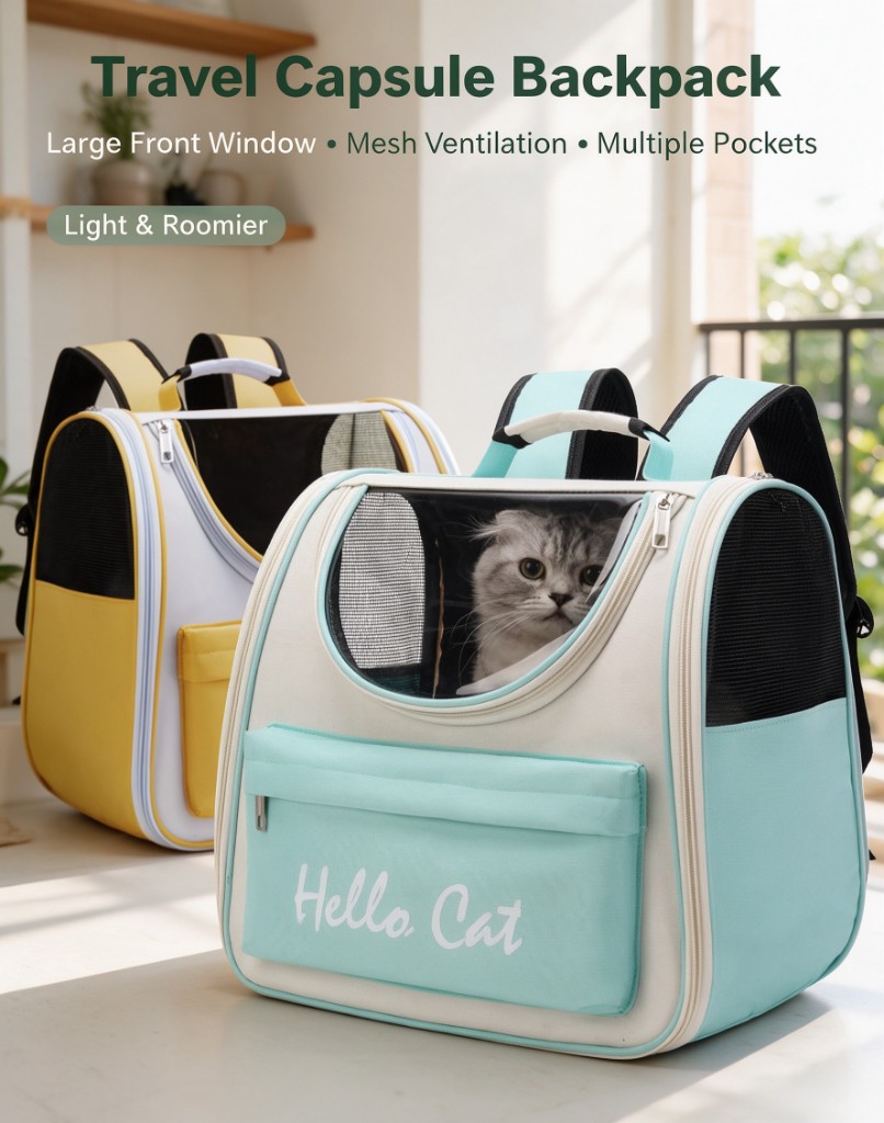 A mint and a yellow pet carrier backpack with large front windows, a cat looking out of the mint one