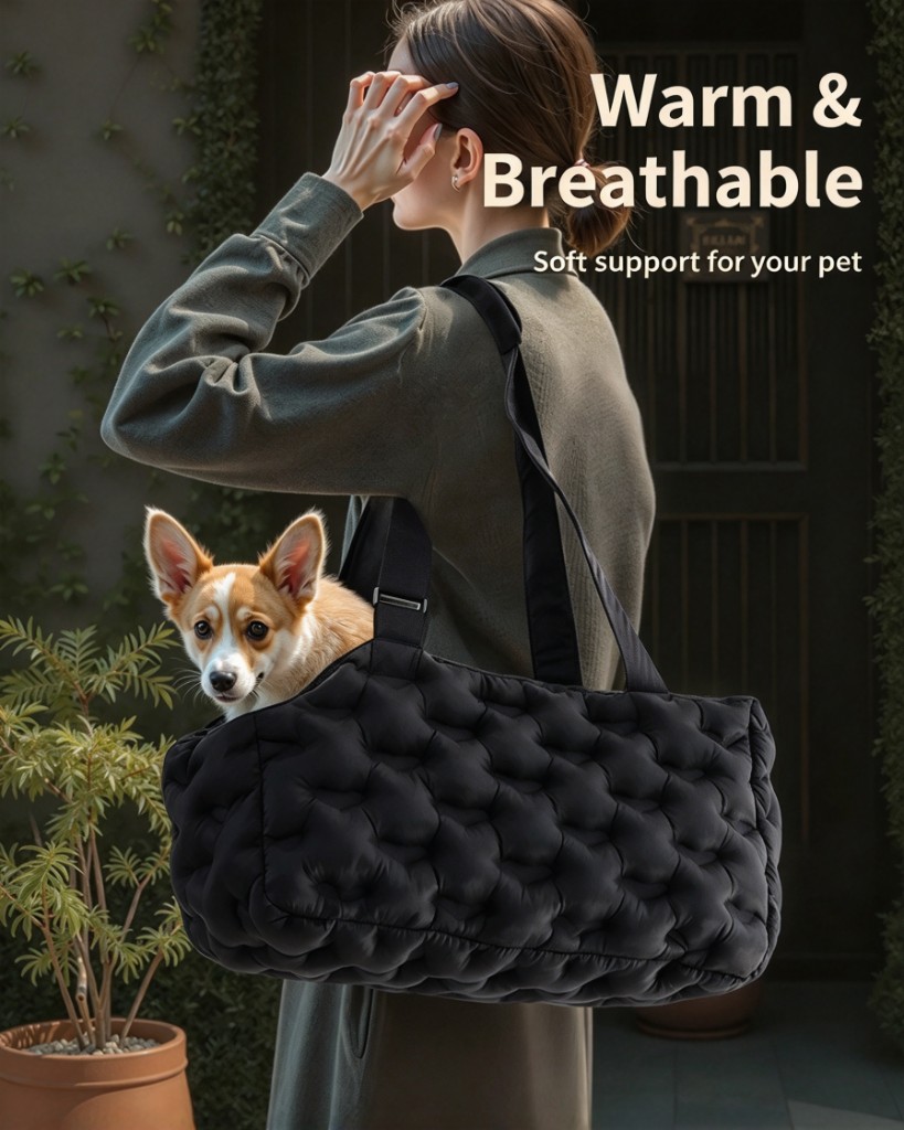 A black quilted pet sling bag worn at the hip, with a corgi looking out of the wide opening