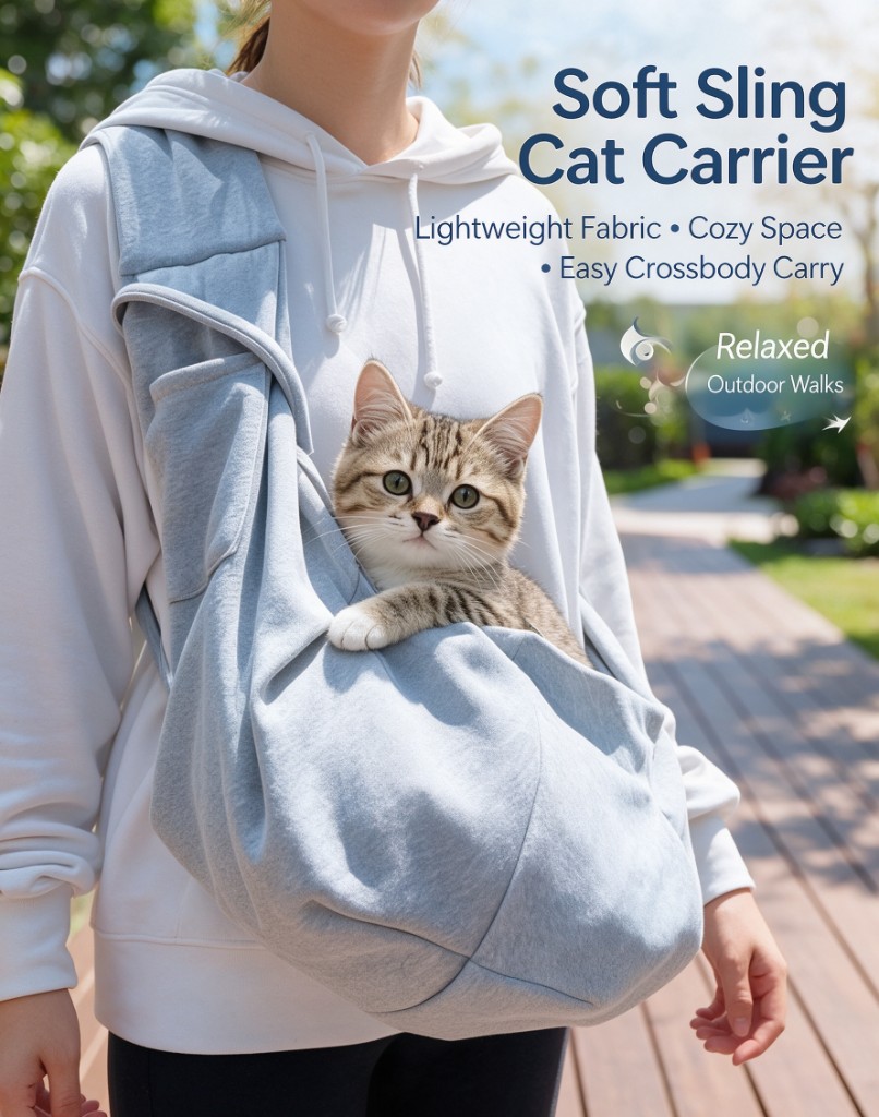 A person wearing a light grey sling across the body, with a tabby cat resting in the pocket