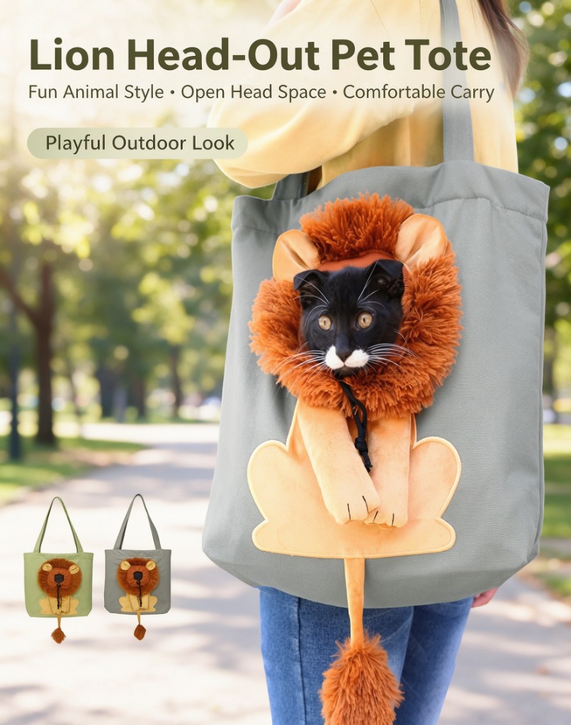 A grey shoulder tote with a cat looking through a plush lion opening, and two more colors beside it