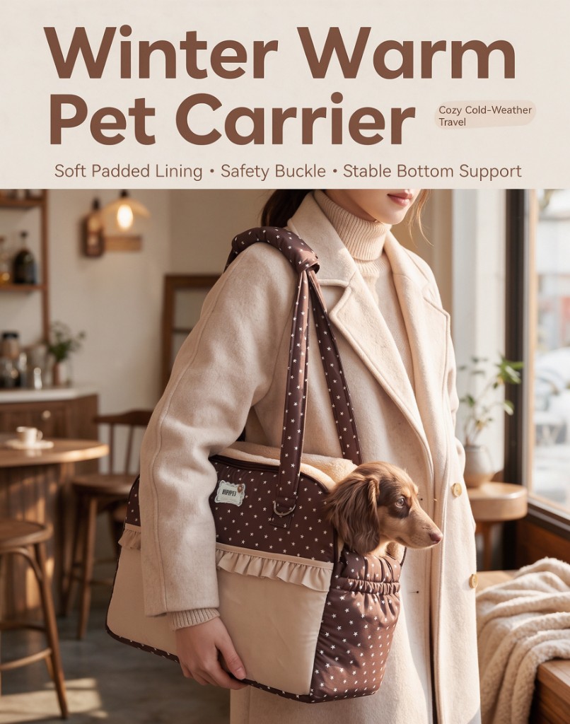 A person carrying a brown star-pattern shoulder pet carrier, with a small dog looking out, in a cafe